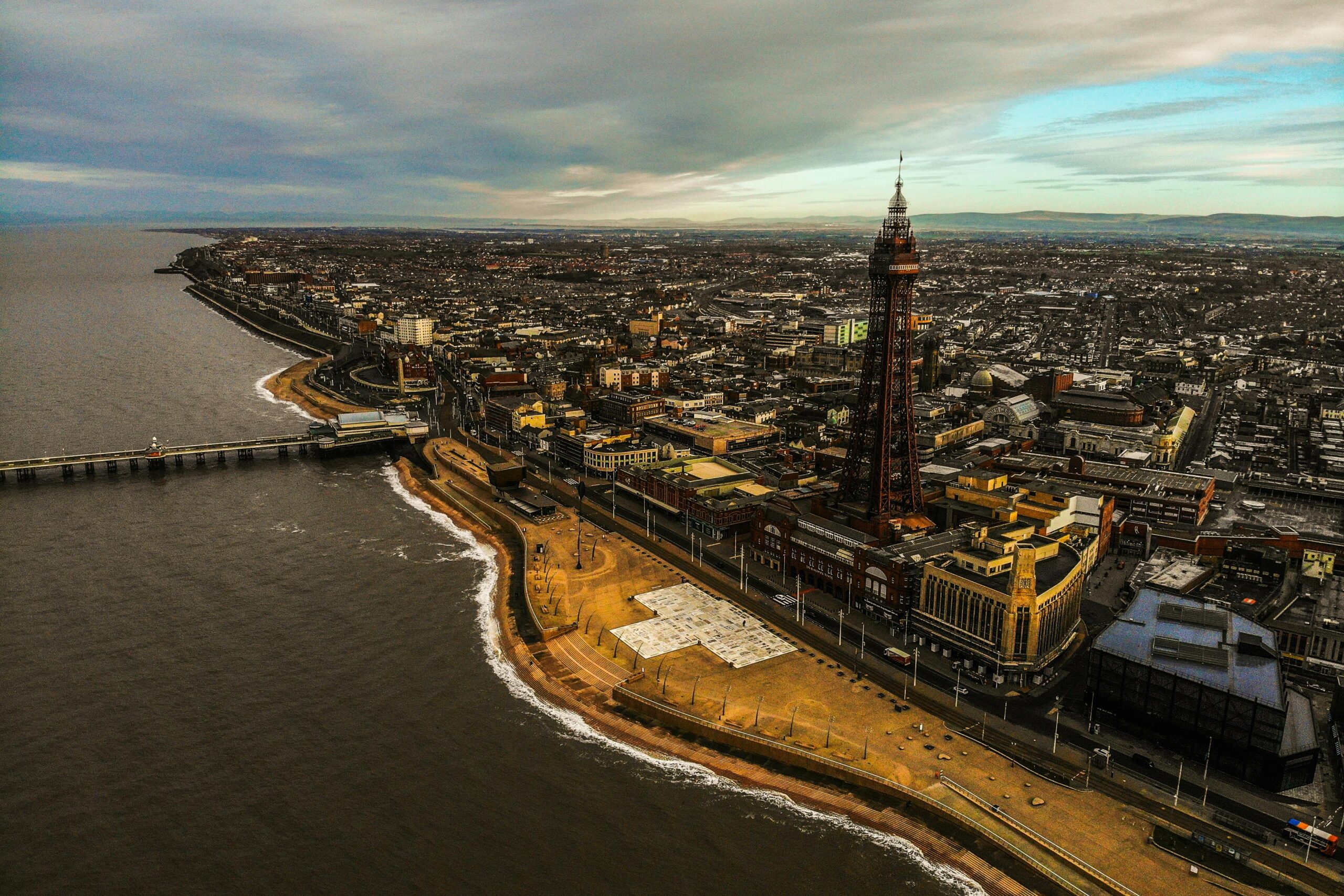Blackpool beach birds eye view